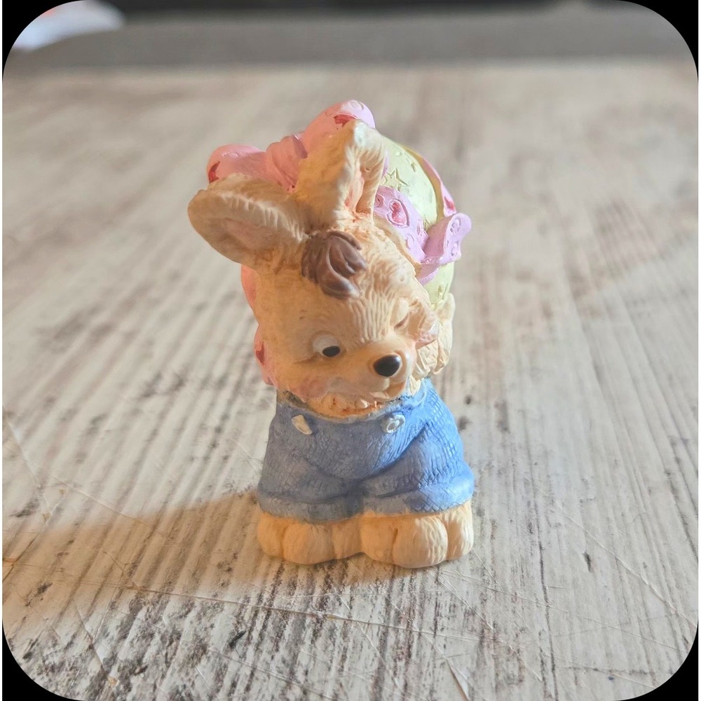 Vintage 1994 Easter Bunny Carrying Decorated Egg Figurine Resin Overalls Decor